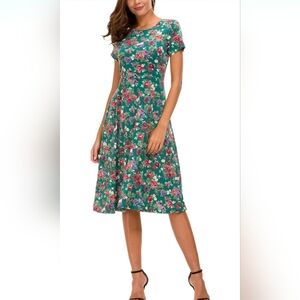 Urban CoCo Women's Floral Print Short Sleeve Flared Midi Dress Size M